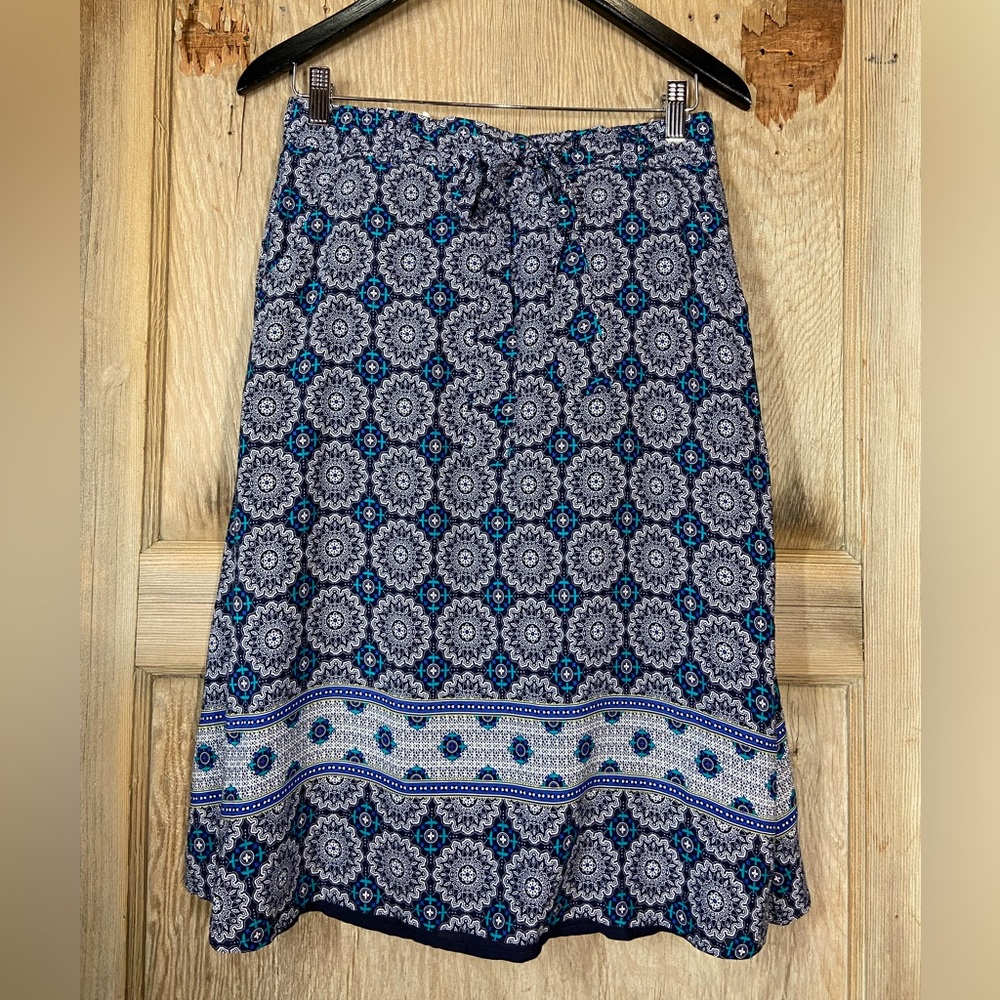 Luna Moon Blue Patterned Midi A‑Line Skirt – Boho Cotton Blend | Size M